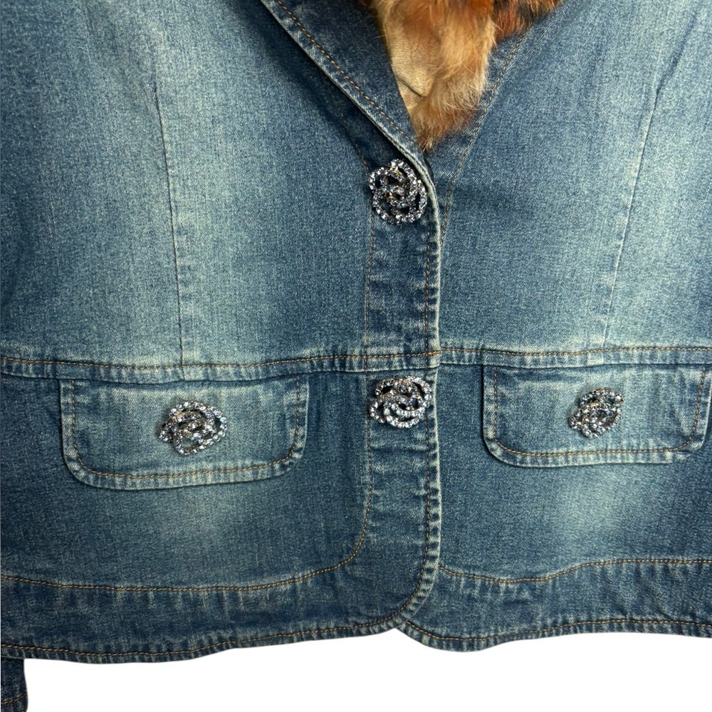 Y2K Berek Denim Faux Cheetah Fur Collar Embellished Jean Jacket Size Small - Picture 5 of 13